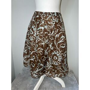 Women’s Vintage Linen/Silk Baby Blue-Brown Midi Skirt 8 Floral A-Line